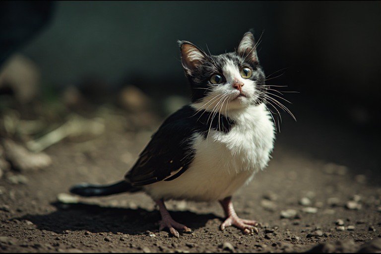 Surreal tuxedo cat-bird hybrid chimera standing on sunlit pebbled dirt ground