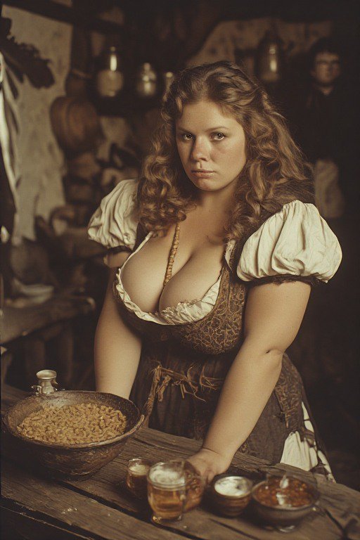 Curvy period tavern barmaid stands behind a wooden pub counter with food and beer mugs