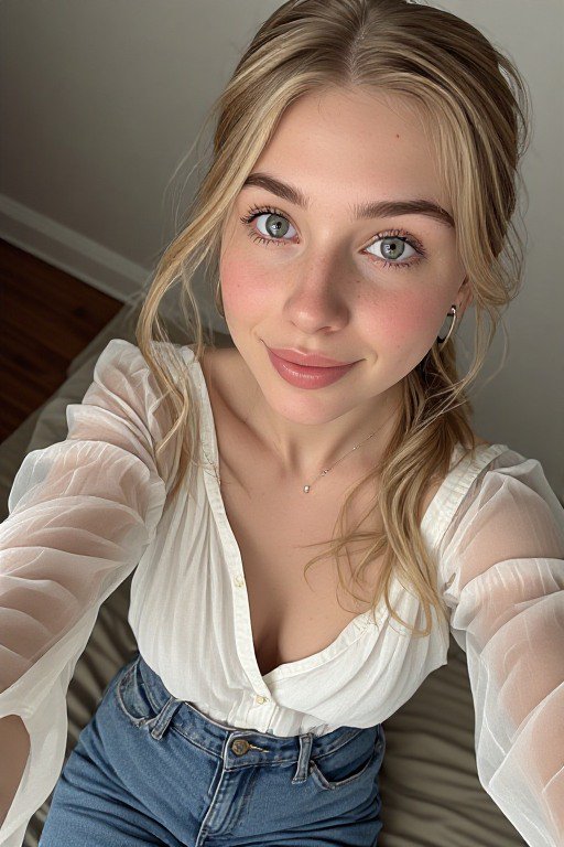 Young blonde woman taking a casual selfie while seated indoors on a home couch