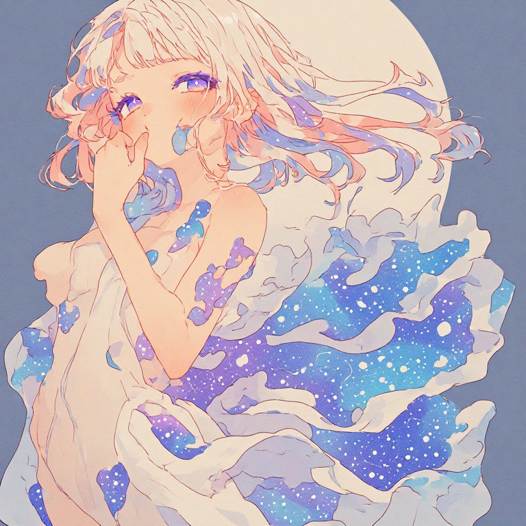 Dreamy pastel anime girl with flowing hair merging with glittery ocean waves under a pale full moon