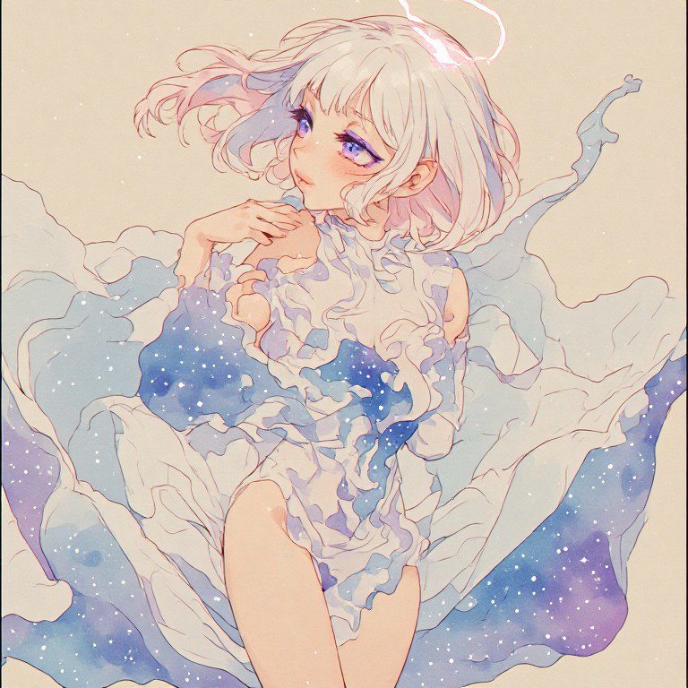 Soft pastel anime angel girl with glowing halo and starry flowing dress floats against a warm bei...