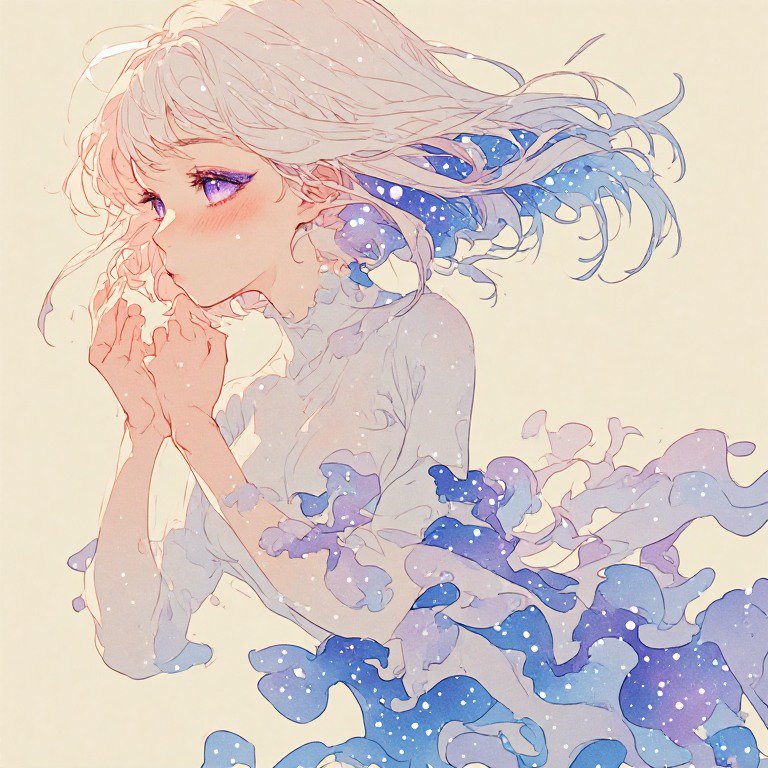 Soft pastel anime girl with flowing gradient hair dissolving into glittering ethereal mist