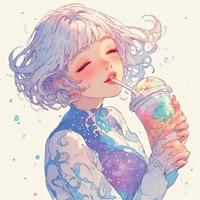 Pastel anime girl with wavy lavender hair sipping a colorful iced drink through a straw