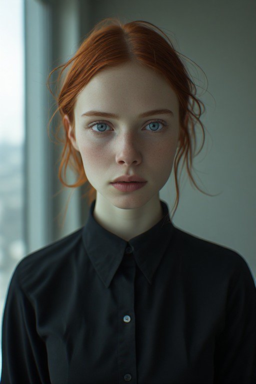 Close-up portrait of a freckled young red-haired woman with bright blue eyes looking directly at ...
