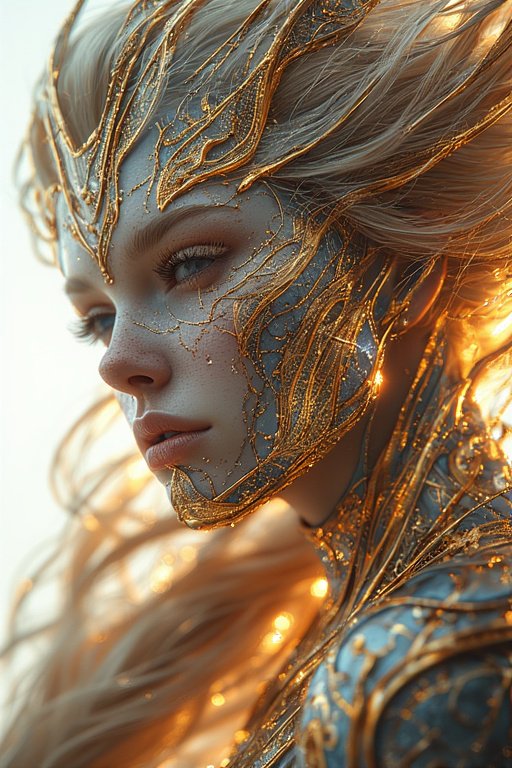 Ethereal elven fantasy character with intricate golden filigree face armor backlit by warm glowin...