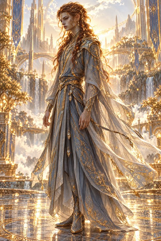 Regal elven noble in embroidered grey and gold robes stands before a glowing sunlit elven city.