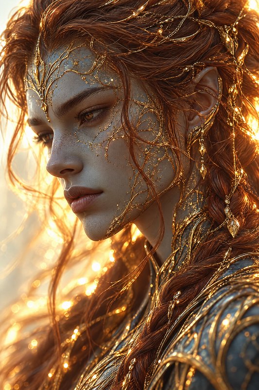Ethereal elven woman with braided red hair and golden filigree face markings backlit by warm gold...