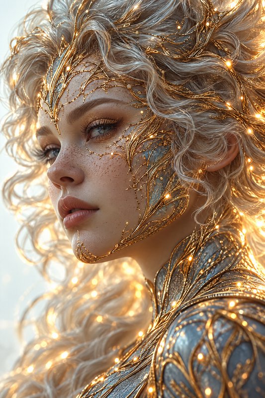 Ethereal fantasy elven woman with glowing golden filigree face detailing and curly silver hair