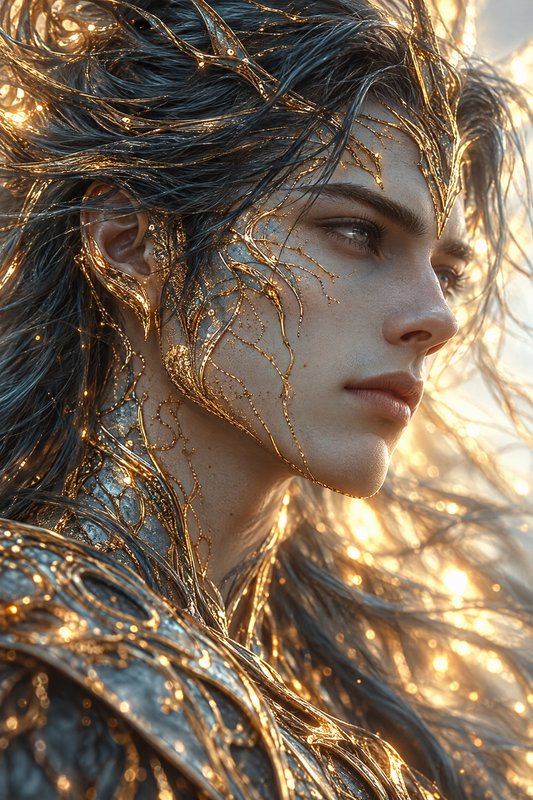 Regal elven fantasy character with intricate golden filigree markings backlit by warm glowing sun...