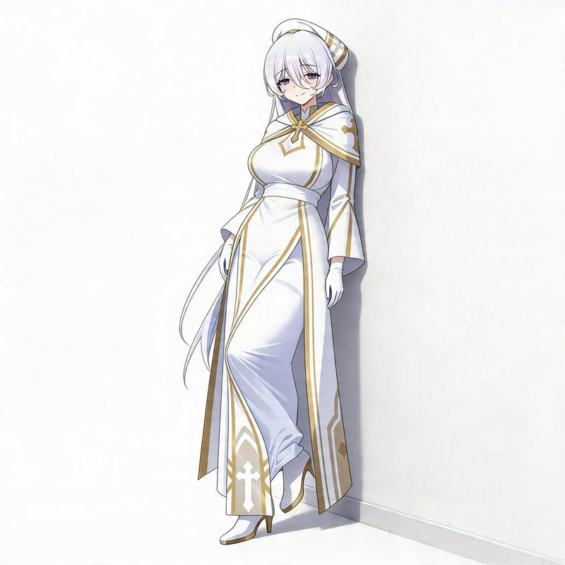 anime character in a white and gold robe standing against a wall