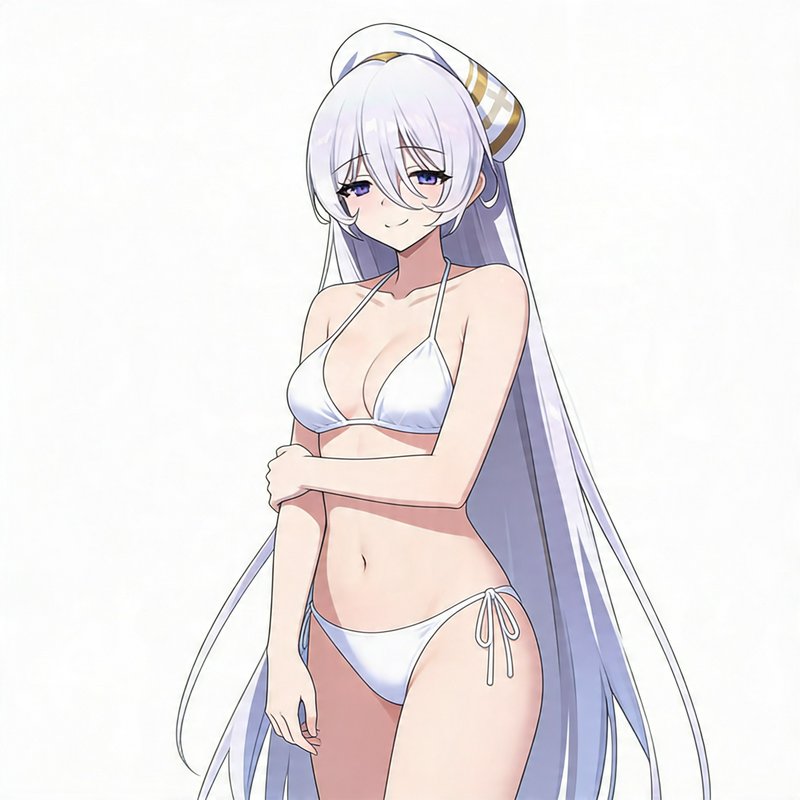 Anime girl in a white bikini with long silver hair and purple eyes, posing softly.