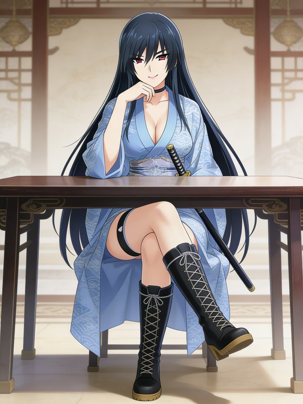 Anime-style woman with long dark hair in a blue kimono seated at a wooden table with a sheathed k...