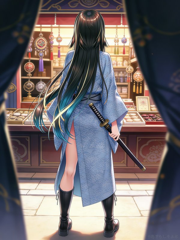 Anime-style female samurai with long blue-tinted hair and a sheathed katana stands in a jewelry s...