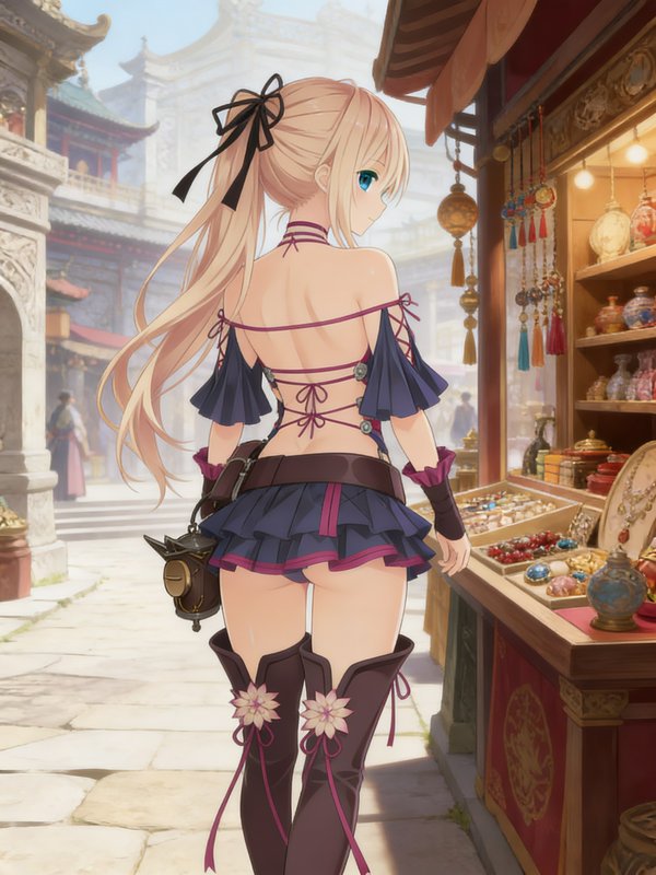 Anime-style female character in a blue-purple frilly outfit browsing a colorful market jewelry st...