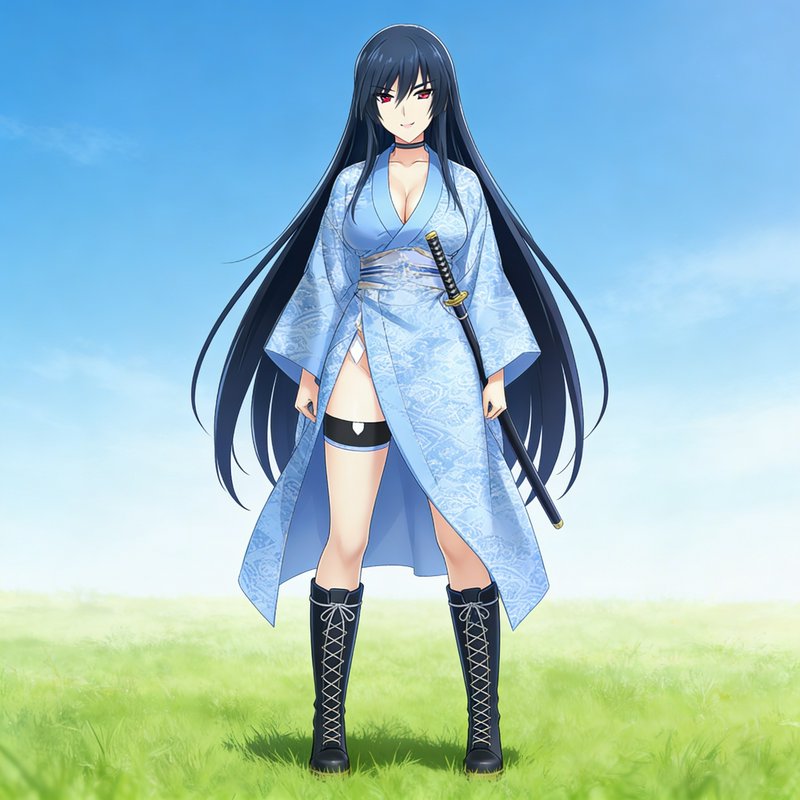 Anime-style woman with long black hair in a light blue kimono, sword at her side, standing in a g...