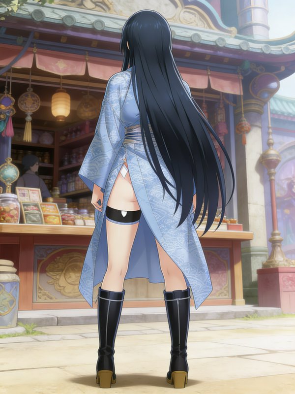 Anime girl with long black hair in a blue kimono-style robe, viewed from behind in a colorful mar...
