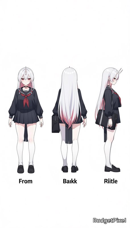 "Anime character turnaround reference sheet showing front, back, side views of a horned white-pin...