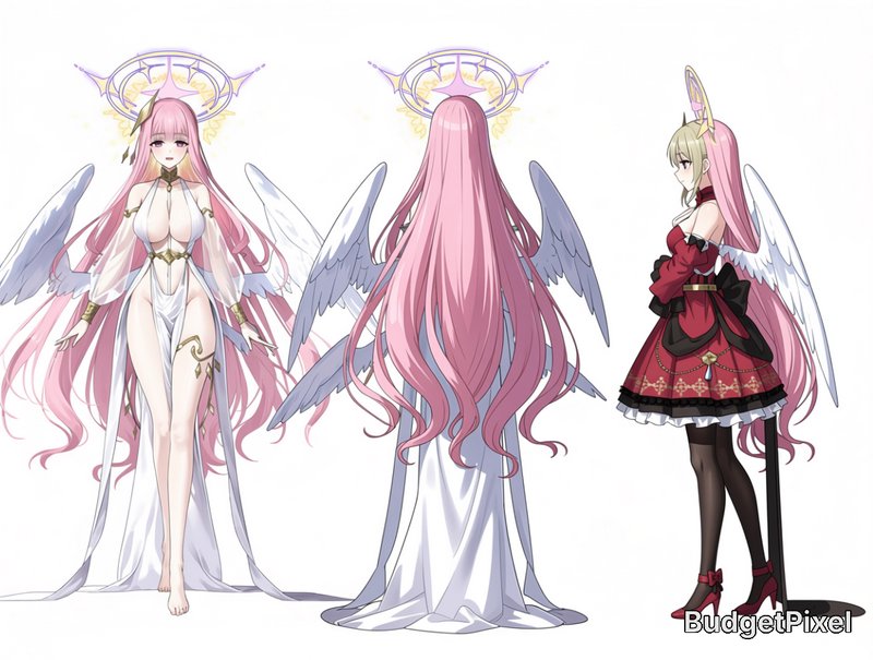 Anime character turnaround reference sheet showing front, back, side views of a pink-haired celes...