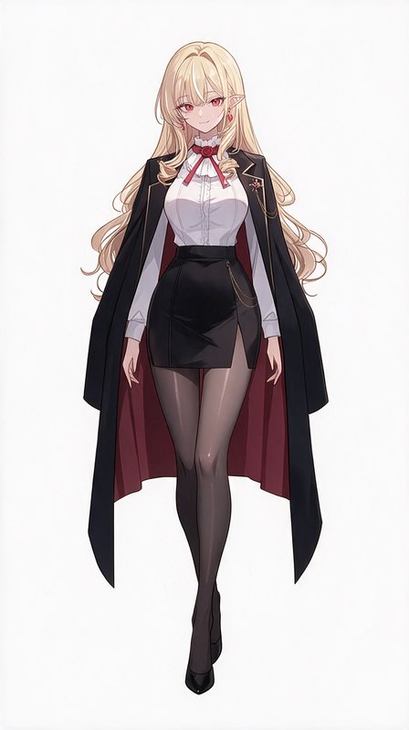 Elegant anime female elf with long wavy blonde hair, red eyes, formal cape office outfit, plain w...