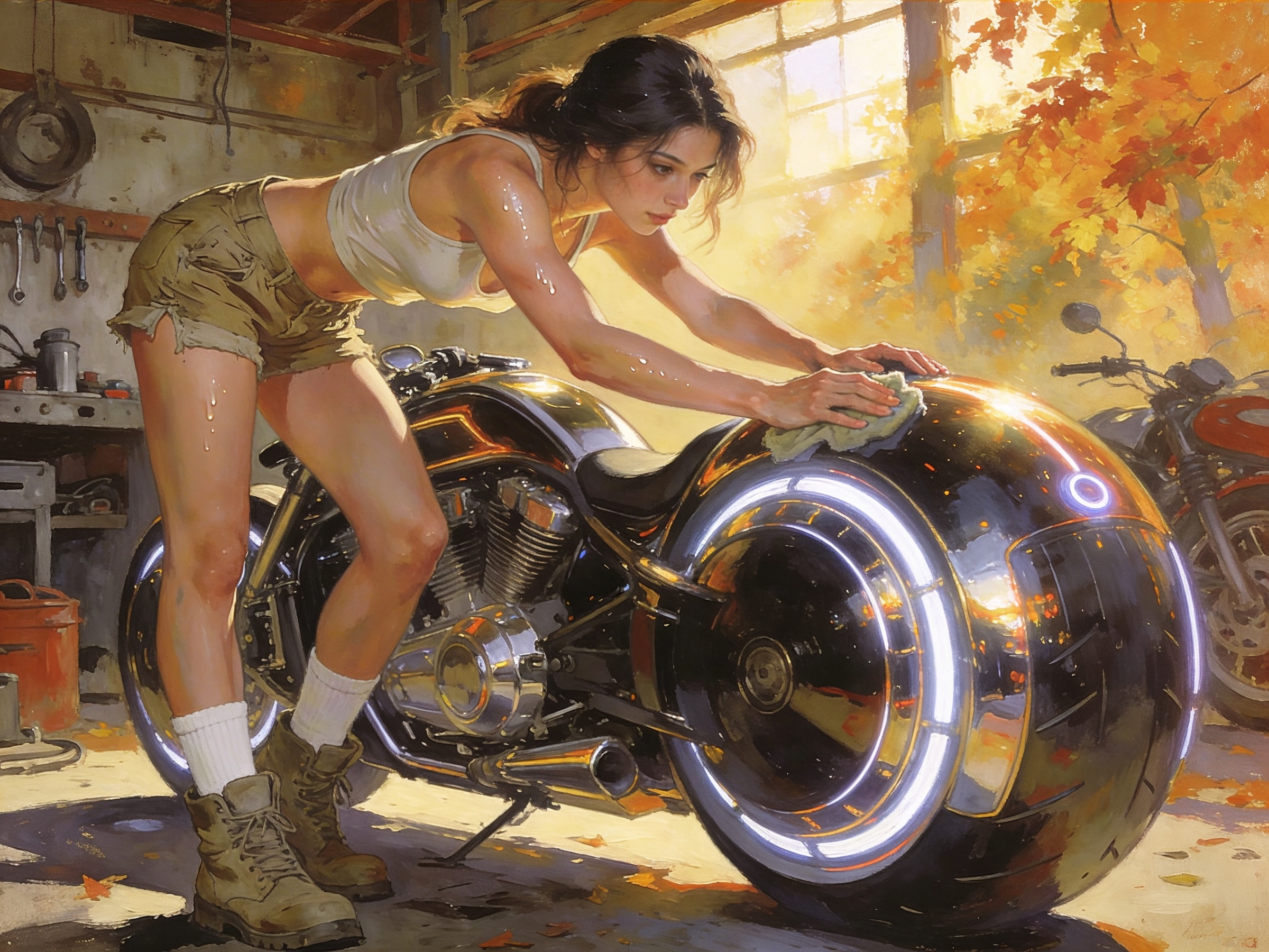 Woman washing a shiny futuristic motorcycle in a sunlit workshop.