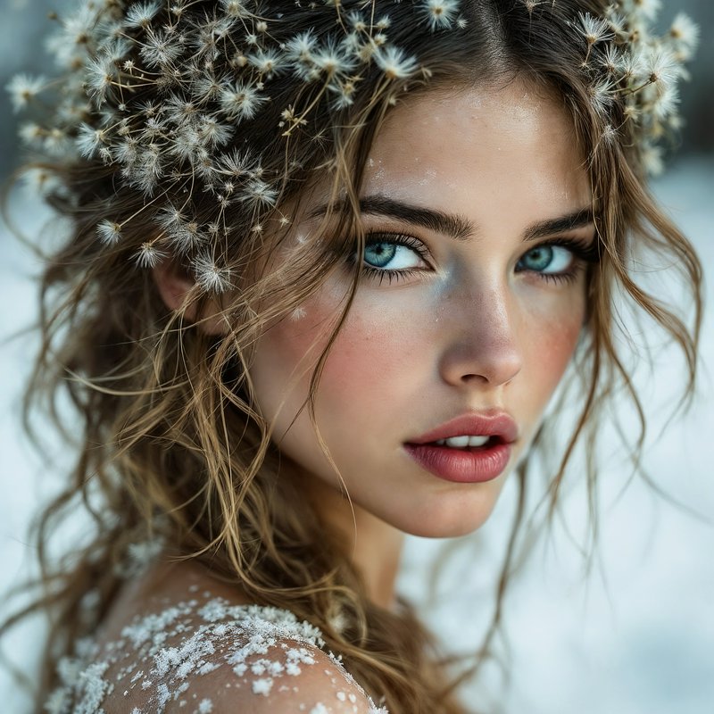 Close-up portrait of a woman with a dandelion seed crown and snowy shoulders.