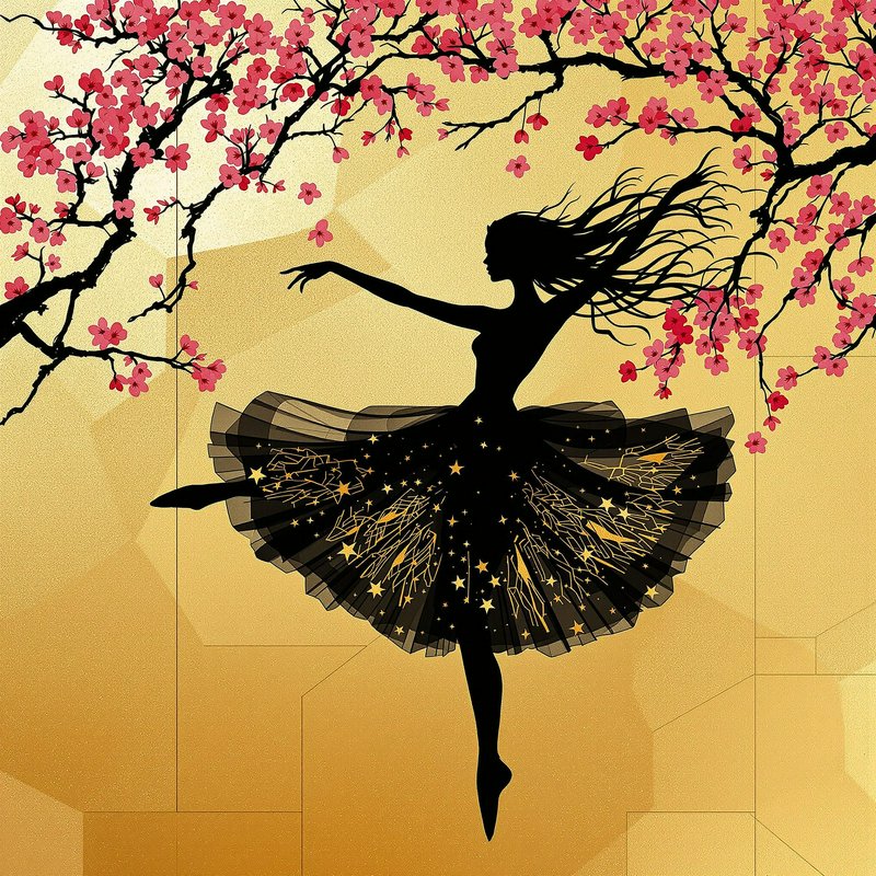 Silhouetted ballerina dancing aloft among pink blossoms with a starry, layered tutu against a golden geometric backdrop.