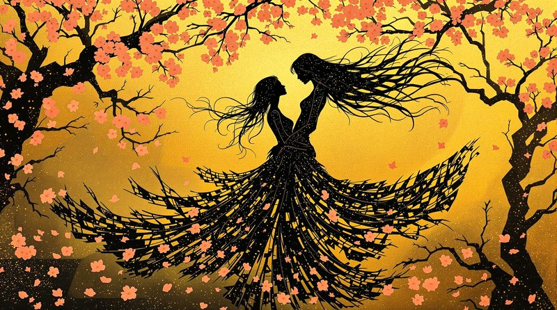 Silhouette of two dancers embracing under blooming cherry blossom trees against a golden sunset.