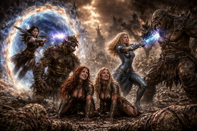 Group of armored female warriors battle orc-like monsters with magic portals in a smoky fantasy b...