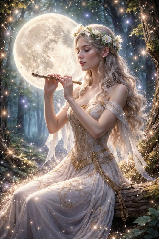 Ethereal woman in a flowing white gown with a floral crown playing a flute beneath a glowing full...