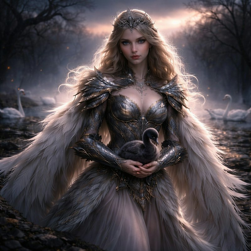 Fantasy queen in ornate armor with a feathered cape, holding a swan by a misty river at dusk.