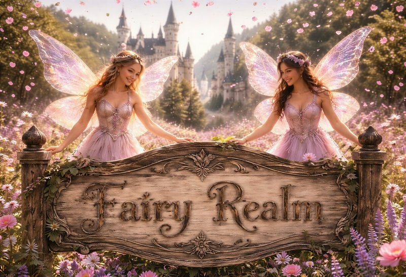 Two pink-dressed fairies with iridescent wings stand beside a carved wooden sign that reads "Fair...