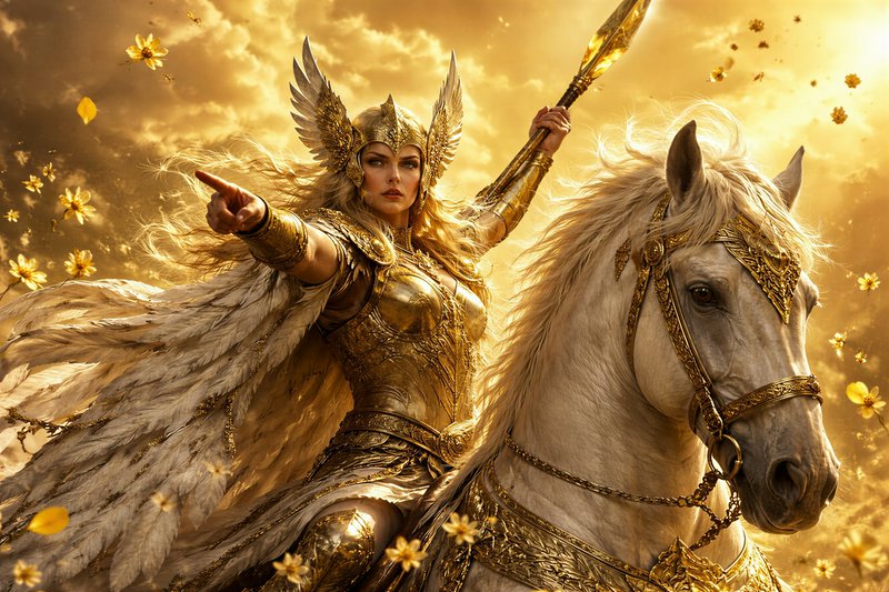 Golden-armored winged warrior on a white horse in a radiant celestial battlefield.