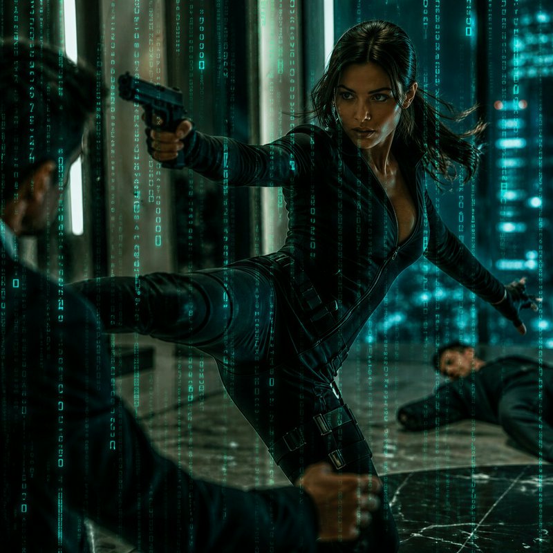Woman in a black tactical suit kicking with a drawn gun amid neon digital rain in a high-tech set...