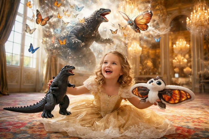 Young girl in a gold princess dress surrounded by dinosaurs and butterflies in a grand ballroom f...
