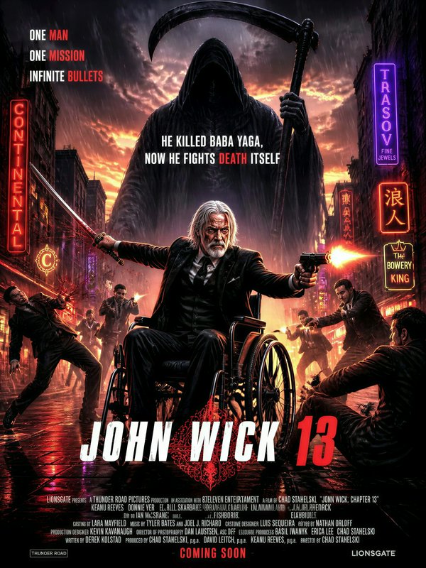 Dark action poster with an elderly man in a wheelchair wielding guns, neon-lit city streets, and ...