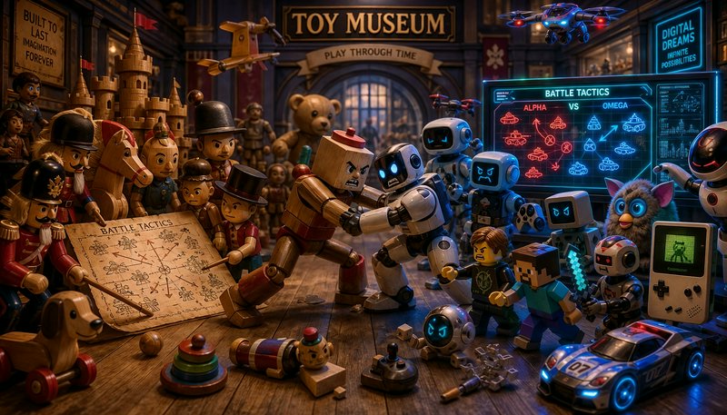 Playful battle scene in a toy museum with wooden and robot figures clashing amid vintage toys.