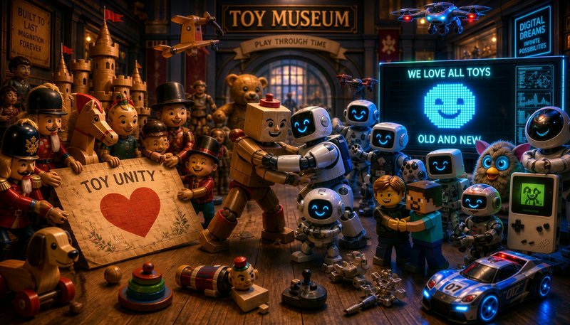Colorful toy scene in a museum with robots, dolls, and a “Toy Unity” banner.