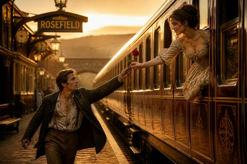 Romantic scene at a vintage train platform as a man reaches to receive a rose from a woman leanin...