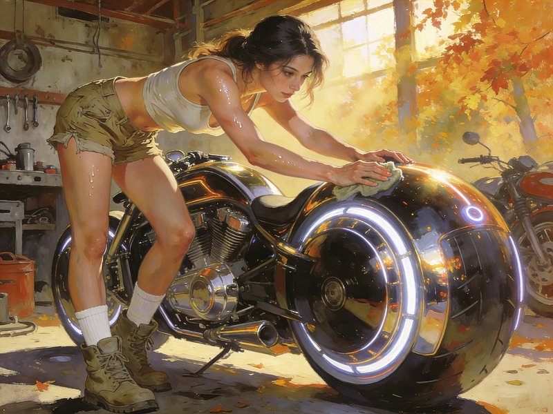Woman washing a shiny futuristic motorcycle in a sunlit workshop.