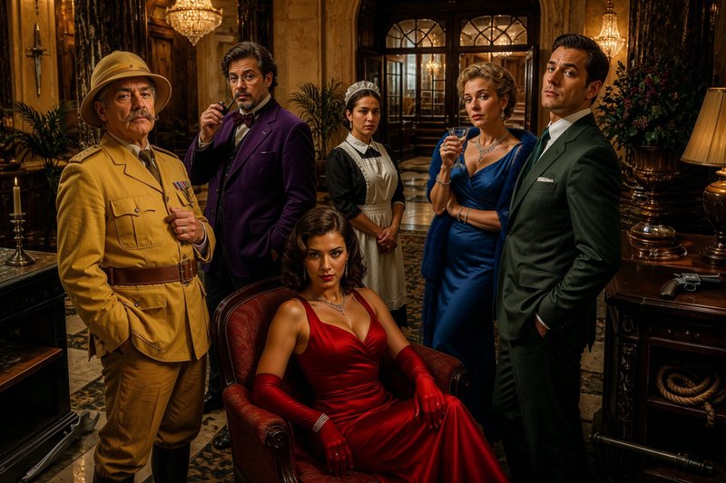 Group of glamorous adults in vintage formal wear in an ornate hotel lobby, with a woman in red si...