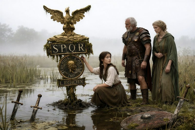 A medieval fantasy scene by a muddy marsh with a Roman SPQR sign and three travelers in armor and...