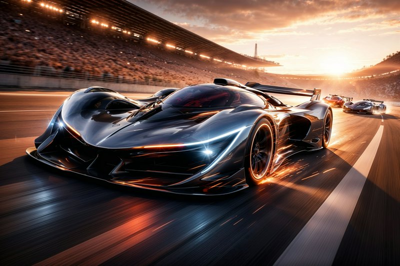 Sleek futuristic hypercar racing on a sunlit track at sunset with motion blur and neon highlights.