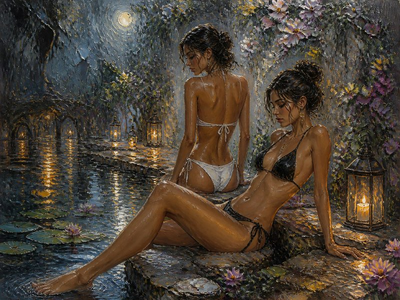 Two women in bikinis sit by a moonlit, lantern-lit water garden with lily pads.