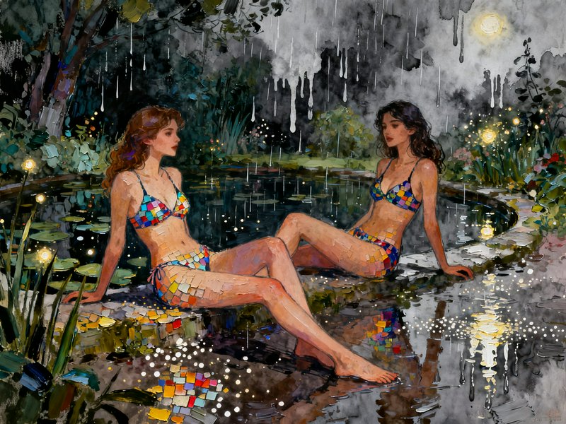 Two women in mosaic bikinis sit by a reflective pond in a lush, magical garden.