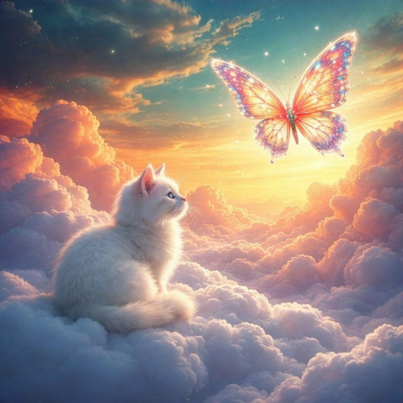 White fluffy cat sitting on pastel clouds gazing at a glowing butterfly
