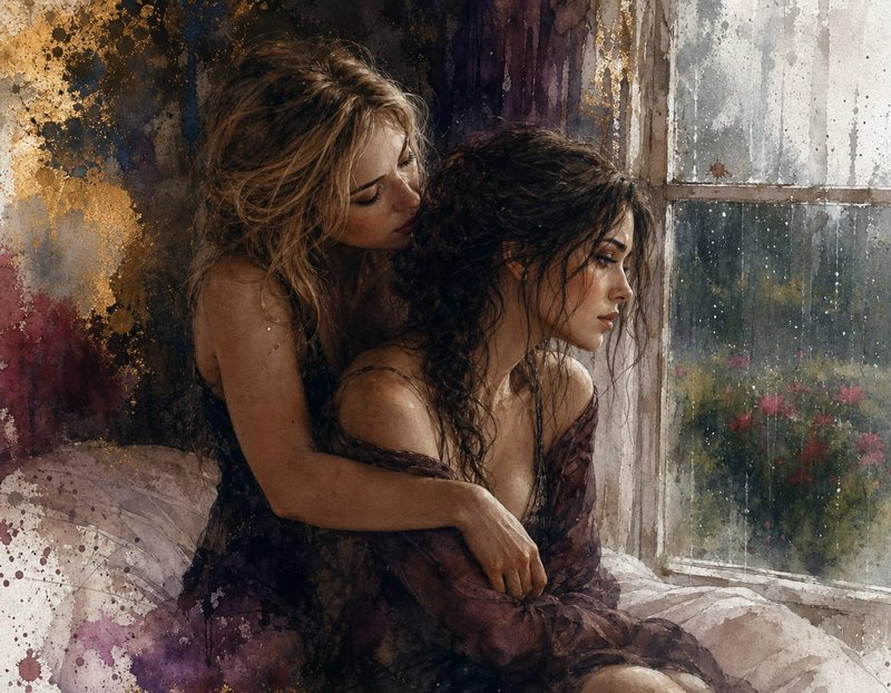Watercolor portrait of a blonde woman embracing a somber dark-haired woman sitting on a bed by a ...