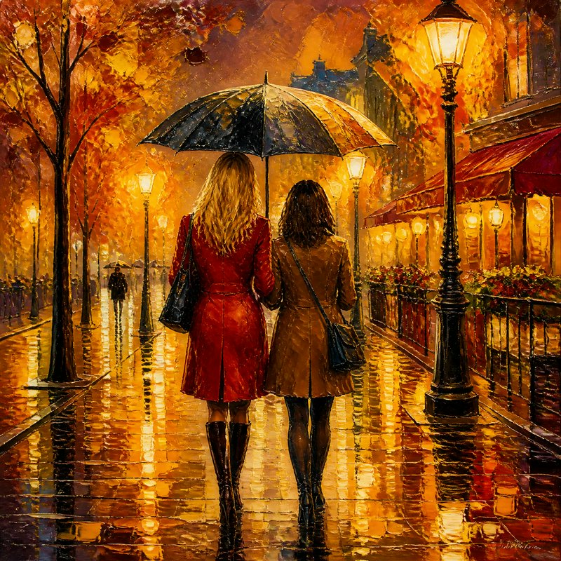 Impressionist impasto painting of two women sharing an umbrella walking down a glowing rain-slick...
