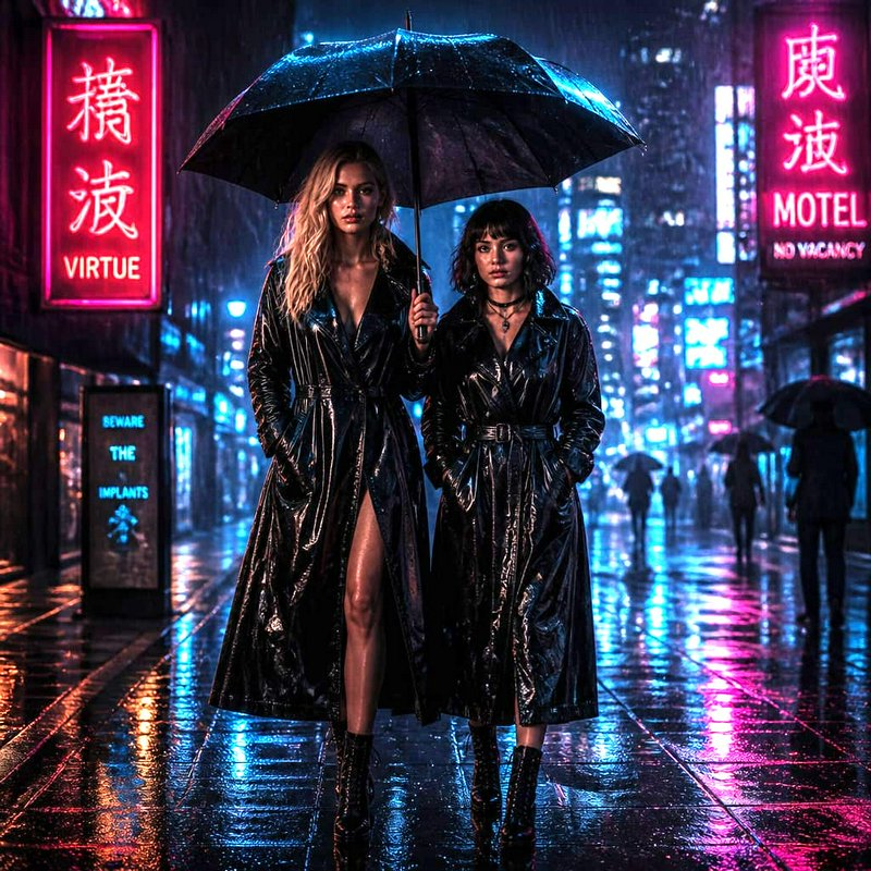 Two women in shiny black trench coats share an umbrella walking down a rain-soaked neon cyberpunk...