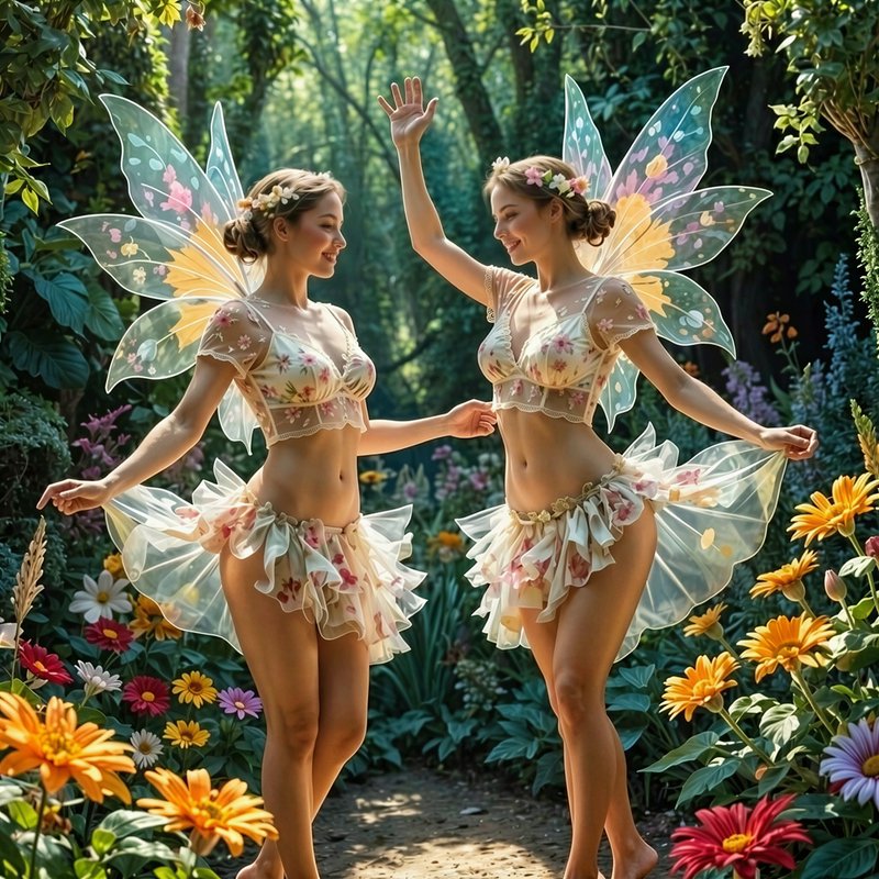 Two smiling flower fairies with translucent iridescent wings dance playfully in a sunlit enchante...