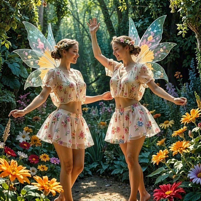 Two smiling fairies with iridescent floral wings dance together in a sunlit, blooming enchanted f...